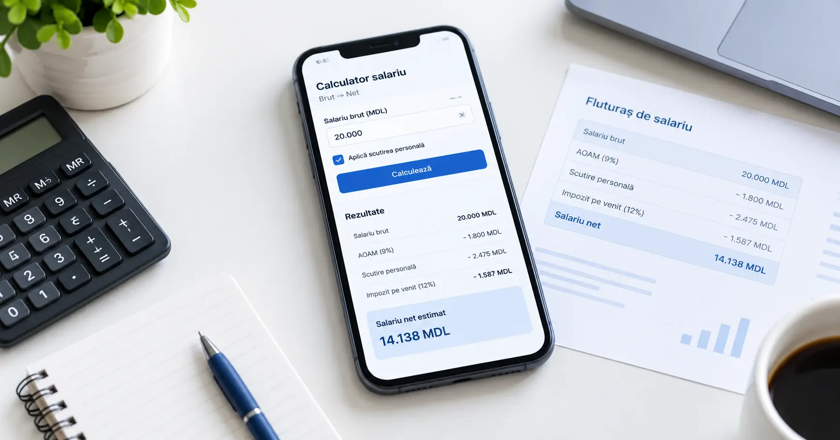 Persoană folosește un calculator salariu brut-net pe telefon