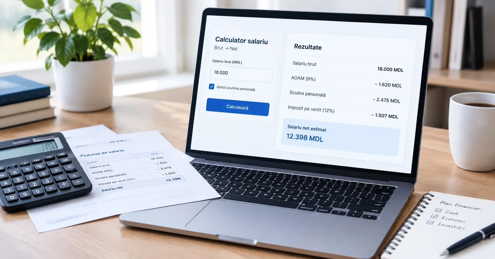 Exemplu de rezultat afișat de un calculator salariu brut-net